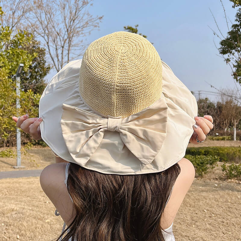 夏季黑膠漁夫帽蝴蝶結遮陽帽