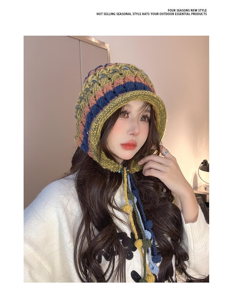 Handmade colorful tassel lace-up knitted hat
