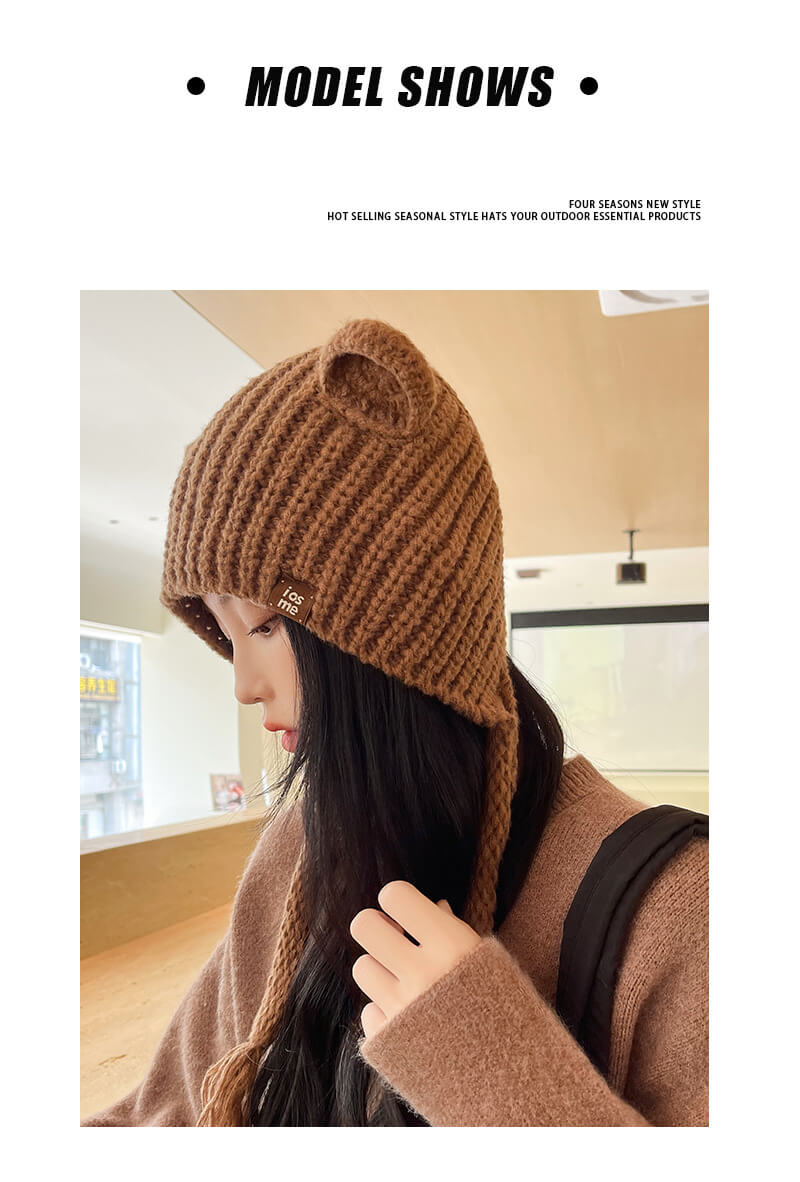 Japanese cute big loose woolen hat with bear ears