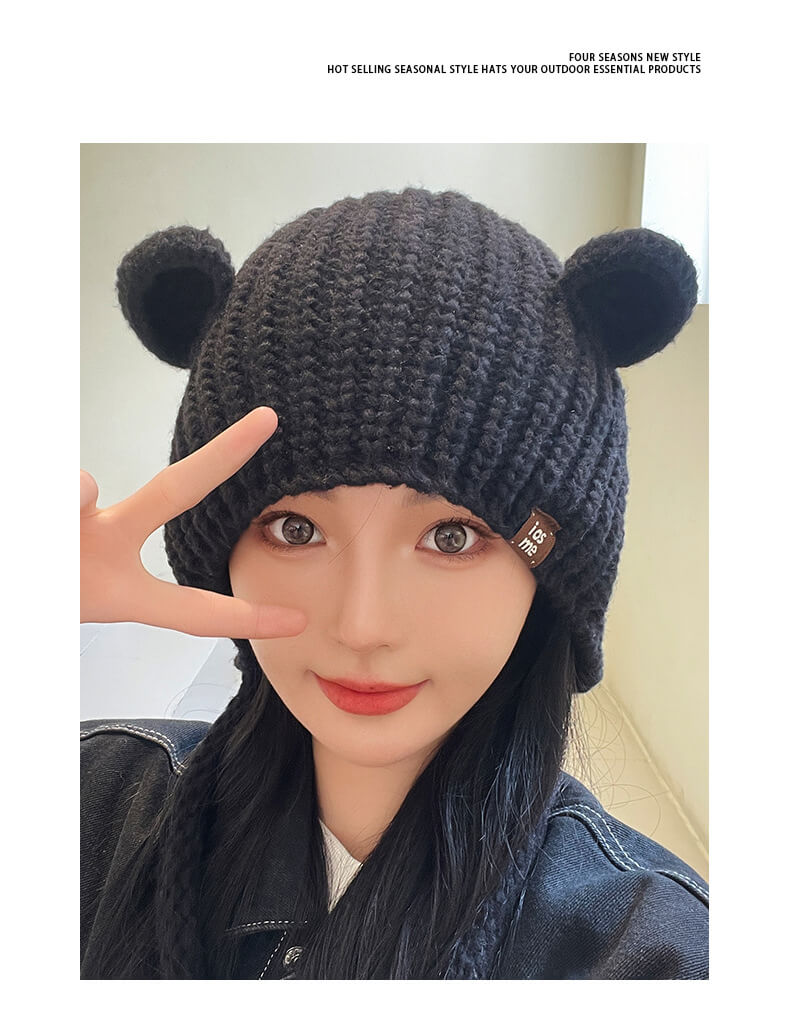Japanese cute big loose woolen hat with bear ears