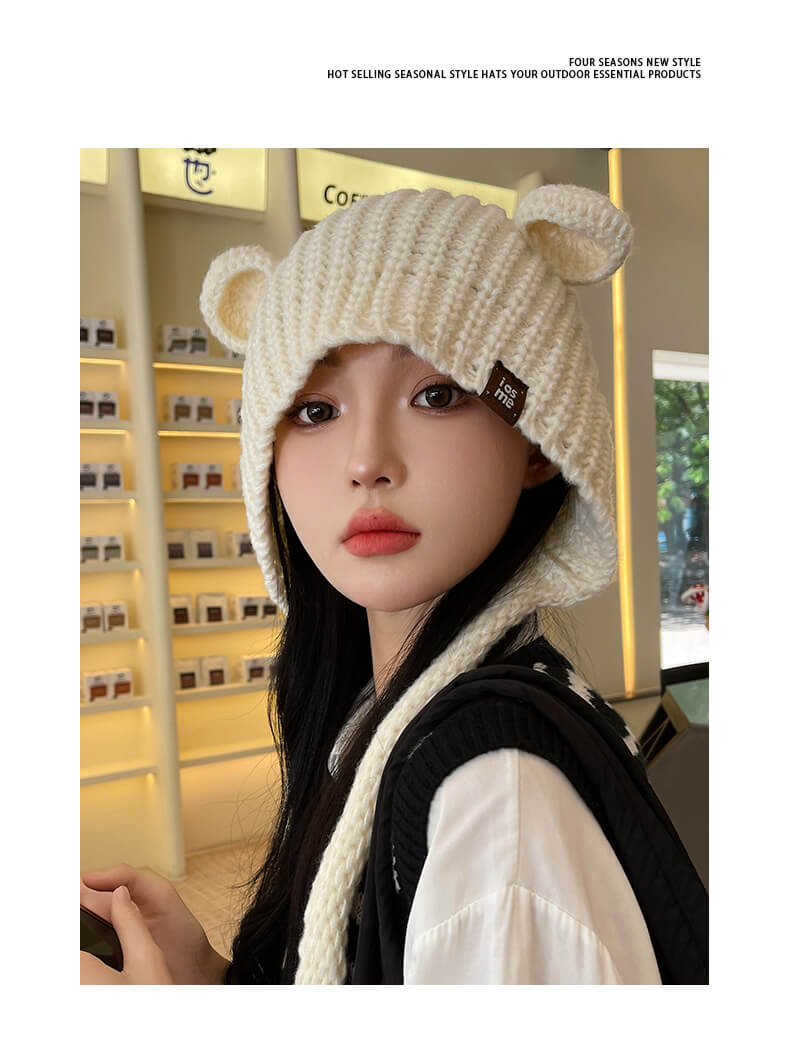Japanese style cute big loose woolen hat with bear ears