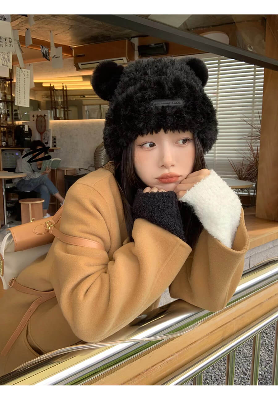 冬季加厚甜美可愛小熊毛絨針織帽