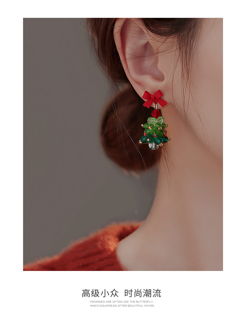 紅蝴蝶結聖誕樹耳釘聖誕氣氛耳環