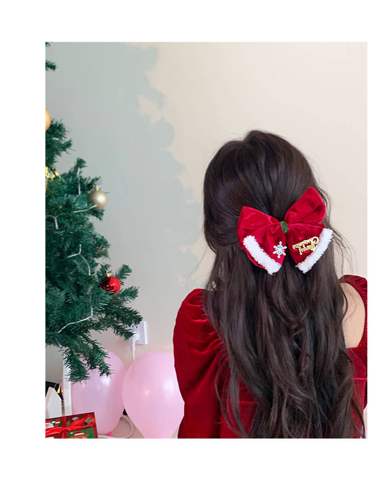 紅色絲絨聖誕甜美可愛雪花蝴蝶結髪夾