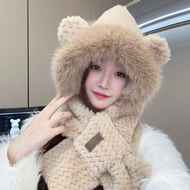 Autumn/Winter Cute Bear Hat Scarf Combo for Women - yoyoshop