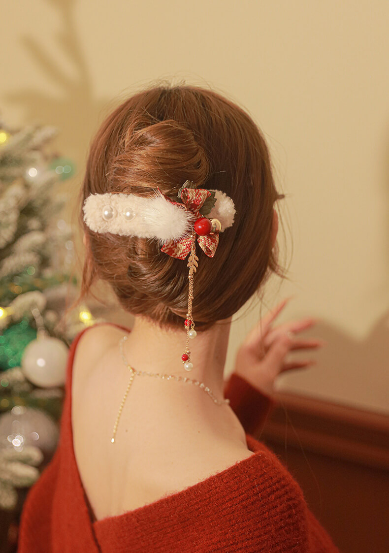 流蘇毛絨蝴蝶結珍珠聖誕節髮夾