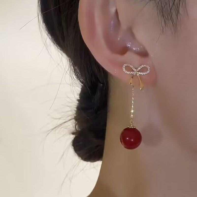 一款兩戴~蝴蝶結紅色珍珠流蘇耳環