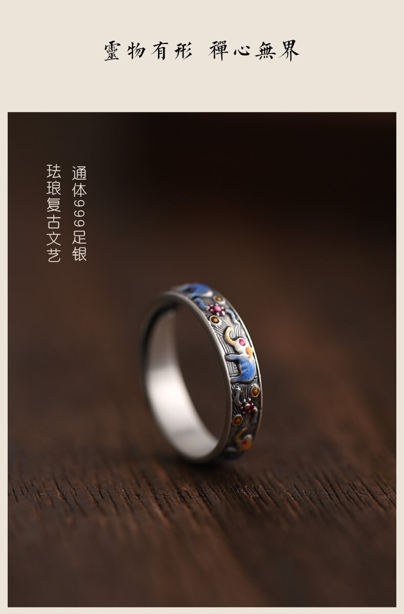 「Auspicious Symbols」 925 Silver Cloisonné Ring Unisex Vintage Ethnic Style