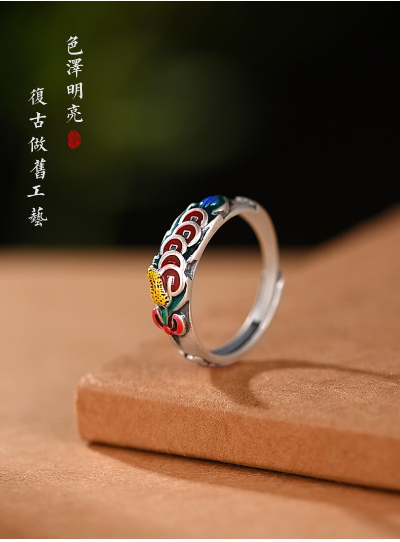 「Five Emperors' Coins」 925 Silver Cloisonné Ethnic Style Coin Ring