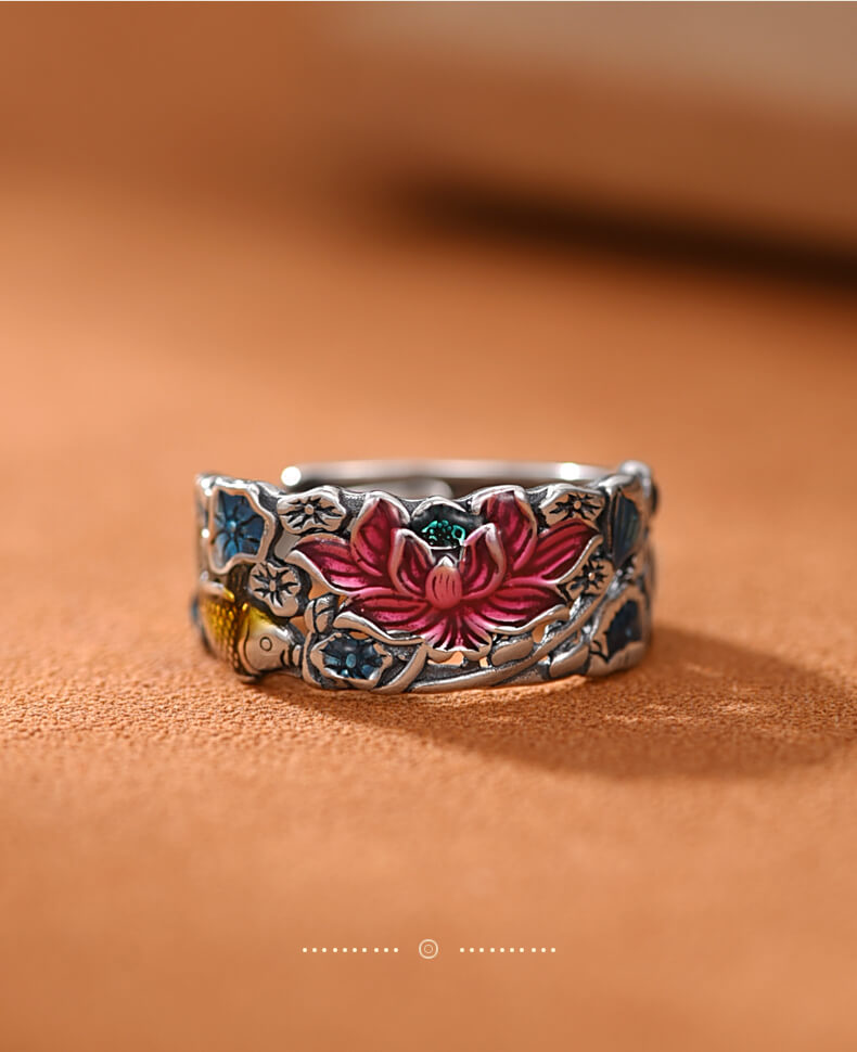 「Lotus Koi」 925 Silver Antique-style Lotus Self-regulation Ring