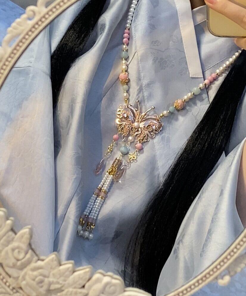 Clouds Embroidered Hanfu Accessory with Pearls, Antique Style Tassel Neck Collar
