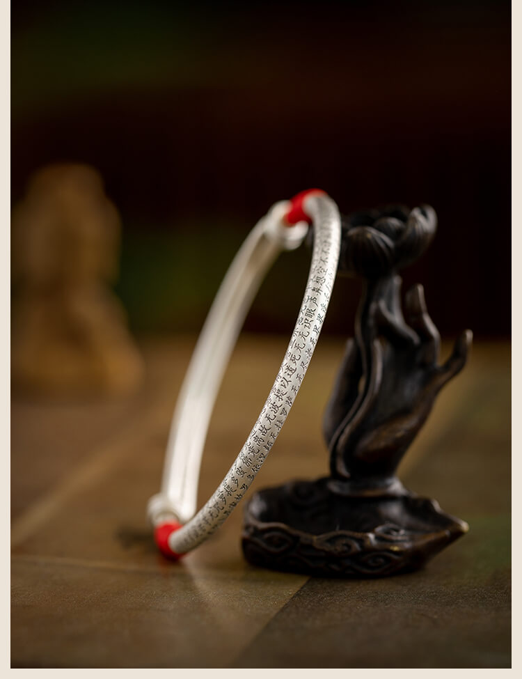 《Heart Sutra》 999 Silver Matte Finish Silver Tassel Buddhist Scripture Push-Pull Bangle