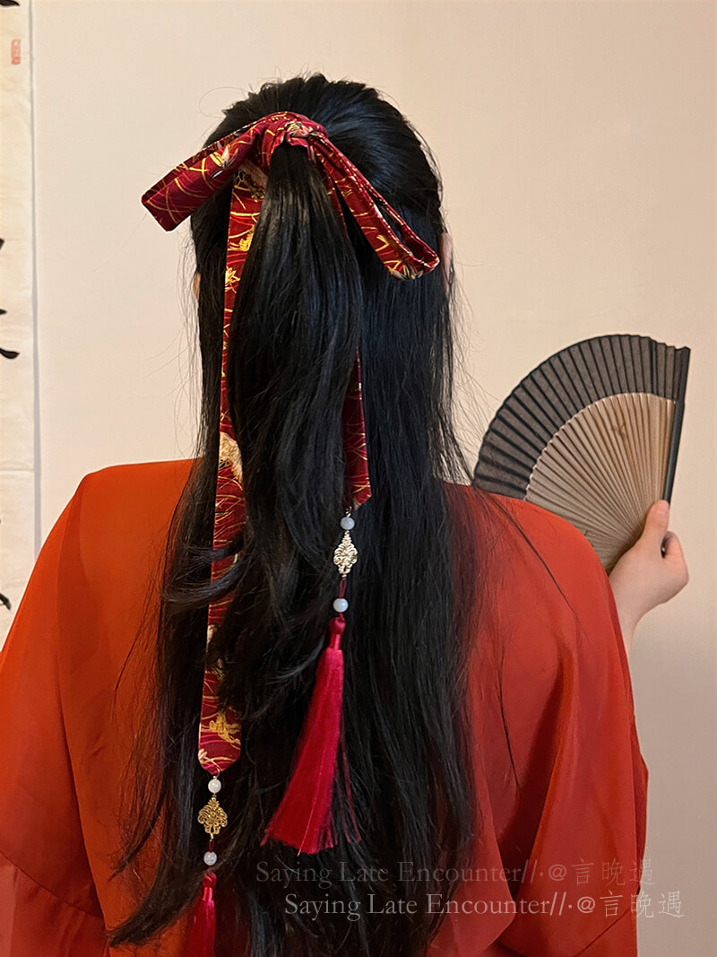 古風古裝新中式漢服紅色流蘇髪帶