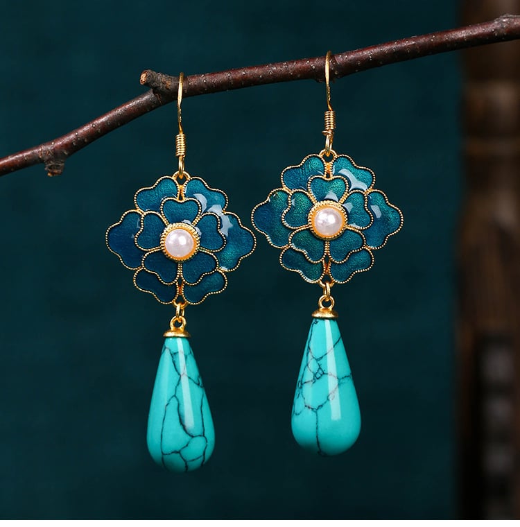 Jingtai Blue Camellia Point Green Pearl Imitation Turquoise Vintage Earrings