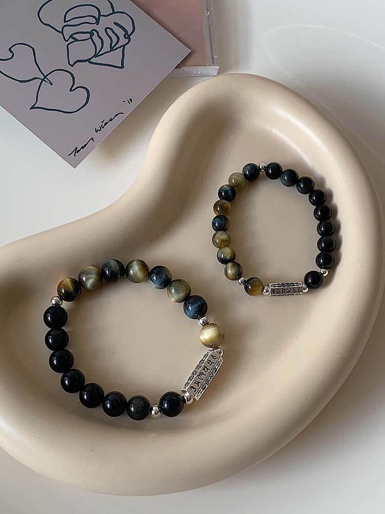 《As You Wish》 Natural Tiger Eye Obsidian Sterling Silver Couple Bracelet