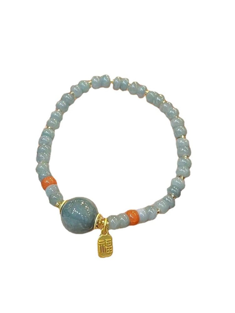 《Dream of Azure Glass》 Natural Blue Water Jadeite Lucky Bead Bracelet