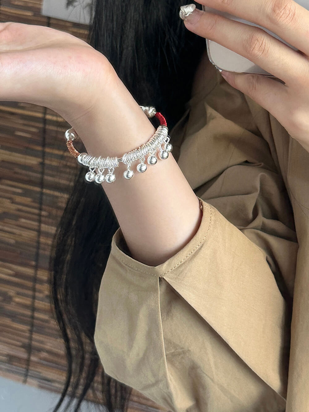 [One Step, One Chime] 999 Silver Ethnic Style Pull-and-Push Retro Bracelet with Bell